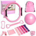 Complete Home Pilates Essentials Kit for Women - 13-Piece Pink Magic Circle Set with Resistance Bands, Yoga Ball, Stretch Strap & Gym Bag