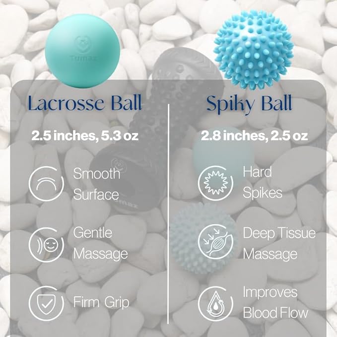 Tumaz Massage Ball & Foot Roller 3-in-1 Set with Spiky Ball, Lacrosse Ball, Massage Roller - Ergonomic Design to Relieve Plantar Fasciitis, Foot Massager for Deep and Superficial Muscle Pain