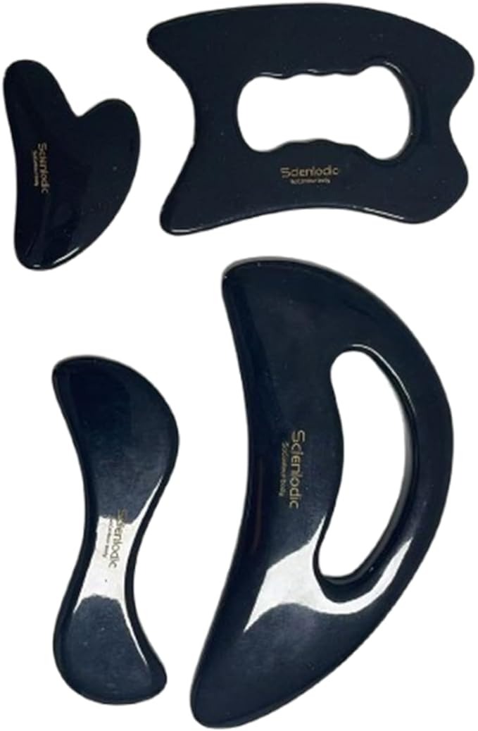 Scienlodic 4 Pcs Gua Sha Massage Tools for Face & Body (Black Gold, Resin) - Guasha Scraping Tool for Jawline Contouring, Puffiness Reduction, Neck, Back, Legs & Muscle Relaxation