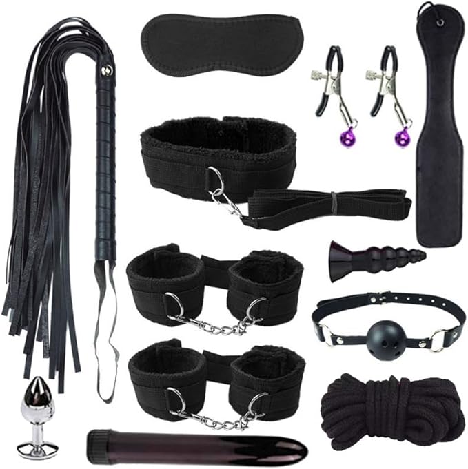 Pilates 12 Piece Black Plush Nylon Fun Multifunctional Equipment Set, Yoga Training Tool with Paddle Whip, Hip and Wrist Exercise Accessories, Couple Gift