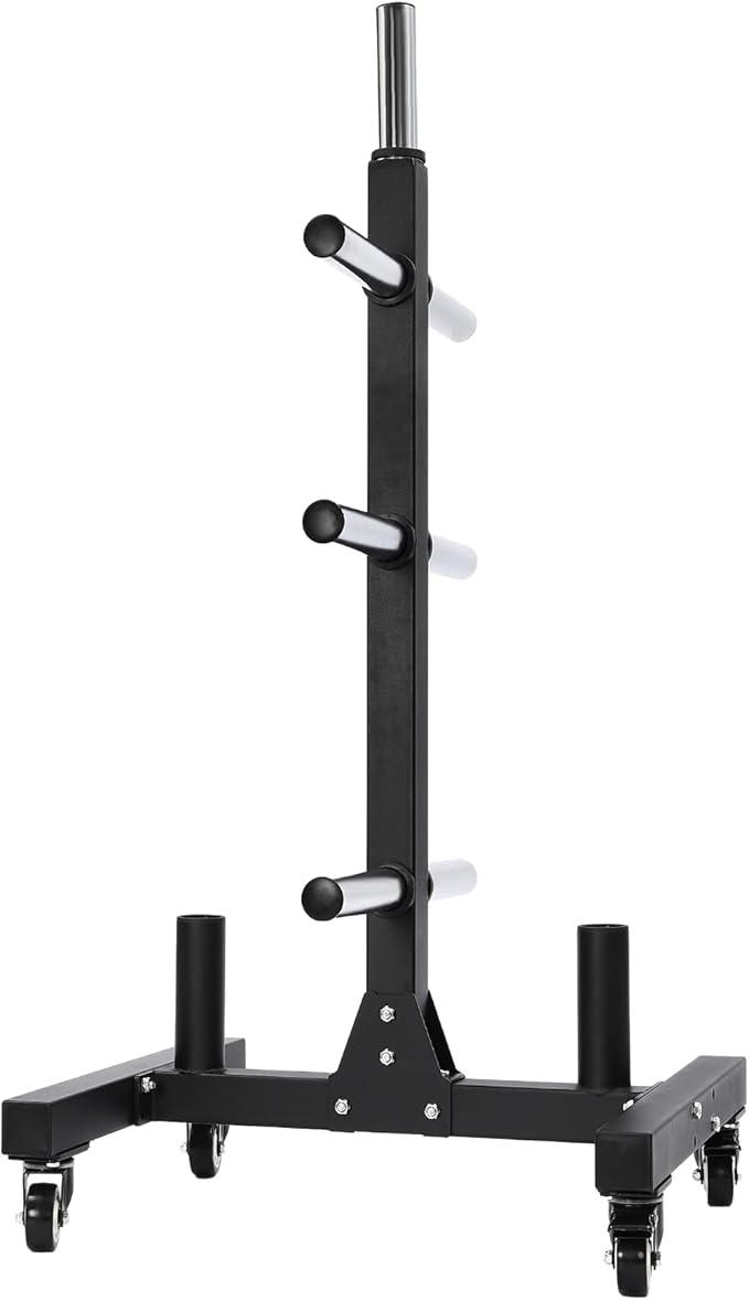 Olympic Weight Plate Tree, Olympic Weight Plate Rack with 6 9.5 in storage posts & bar holders Barbell Plate and Dumbbell Racks Tree with Brake universal wheel Load-bearing 1100lbs