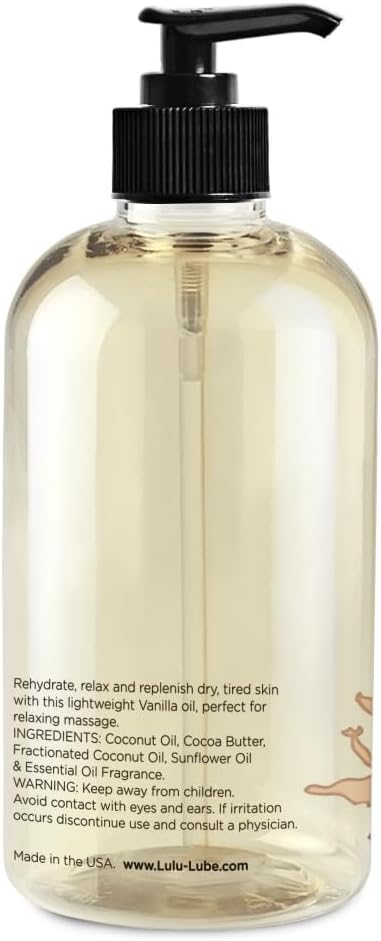 Lulu Vanilla Massage Oil with Fractionated Coconut & Cocoa Butter, Deeply Nourishing Non-Greasy Body Oil for Smooth Skin & Relaxation, for Date Night, Couples Massage & Massage Therapy, 16 fl oz Pump
