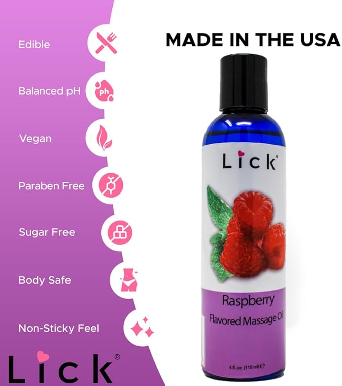 Lick Raspberry Flavored Massage Oil – Bright Berry Edible Massage Oil with Sweet Almond Oil & Vitamin E, Smooth Body-Safe Glide for Couples Massage, 4 oz