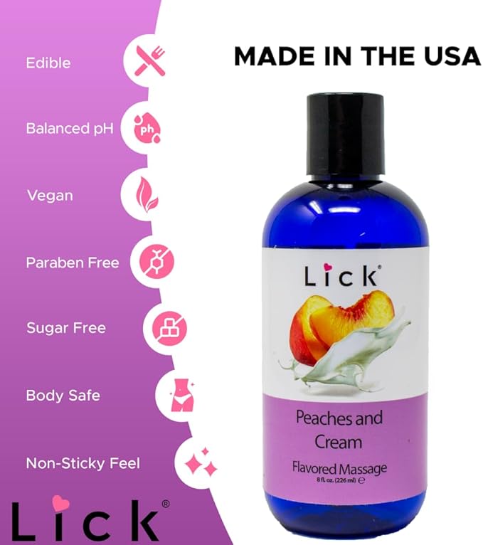 Lick Peaches and Cream Flavored Massage Oil – Sweet Dessert-Inspired Edible Massage Oil with Vitamin E, Smooth Body-Safe Glide for Couples Massage Nights, 8 oz