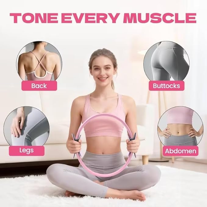 Pilates Ring Set 15PCS Pilates Equipment Set with Adjustable Ankle Wrist Weights,Yoga Ball,Figure 8 Resistance Band,Tape Measure,Pilates Bands & Accessories,Pilates Ring and Ball Set (Pink)