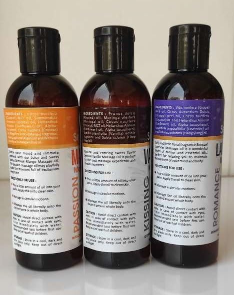 Trio of Sensual Massage Oil, Lavander, Vanilla, & Mango Oil for Day & Night, 3 Pieces with 4 fl oz Each
