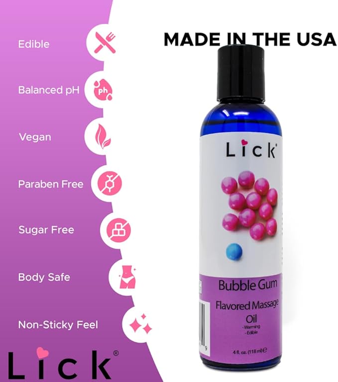 Lick Bubble Gum Flavored Massage Oil – Candy-Inspired Edible Massage Oil with Sweet Almond Oil & Vitamin E, Playful Smooth Glide for Couples Massage, 4 oz