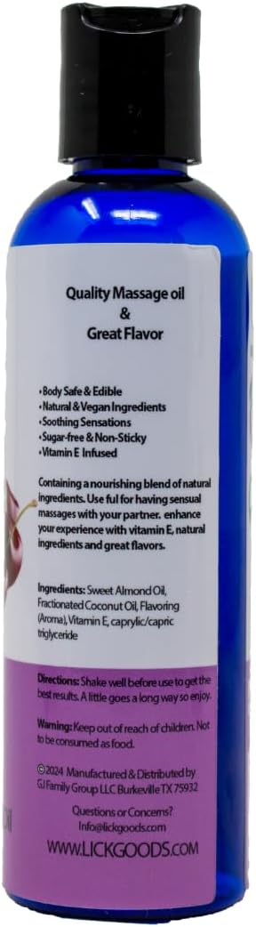 Lick Cherries and Cream Indulgence Flavored Massage Oil – Romantic, Sweet, Non-Sticky, Couples, 4 oz