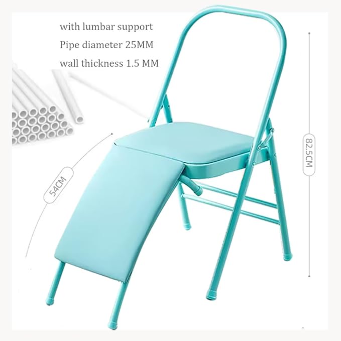 Pilates Yoga Chair,Professional Iyengar Auxiliary Chair,Hardened Thick Yoga Folding Chair,Solid Anti-Slip, Stable,Foldable and Portable Backless Chair,Blue- Yoga Chair (with Waist Drag)