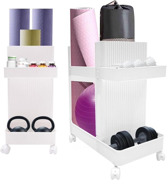 Home Gym Storage,2 Tiers Workout Equipment Organizer with Wheels Workout Equipment Storage Organizer Yoga Mat Storage Racks Home Gym Storage Rack for Yoga Mats, Foam Roller, Dumbbells
