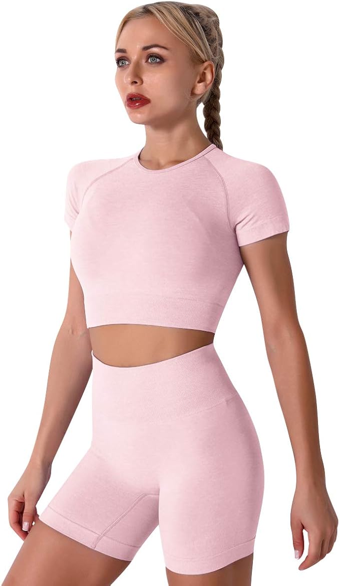 IMEKIS Women's Yoga Outfit Seamless Workout Set High Waist Exercise Shorts Pants with Sport Crop Top Bra 2PCS Gym Tracksuits