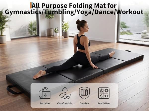 GarveeLife 6x2Ft Folding Gymnastics Mat, Exercise Mats & Gymnastics Tumbling Mats, Thick Portable Home Gym Floor Pad for Yoga, Pilates, Aerobics & Martial Arts Training, Four Pads Folding design