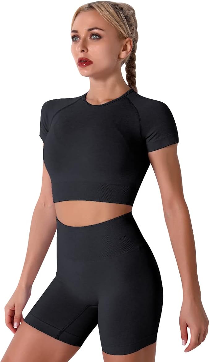 IMEKIS Women's Yoga Outfit Seamless Workout Set High Waist Exercise Shorts Pants with Sport Crop Top Bra 2PCS Gym Tracksuits