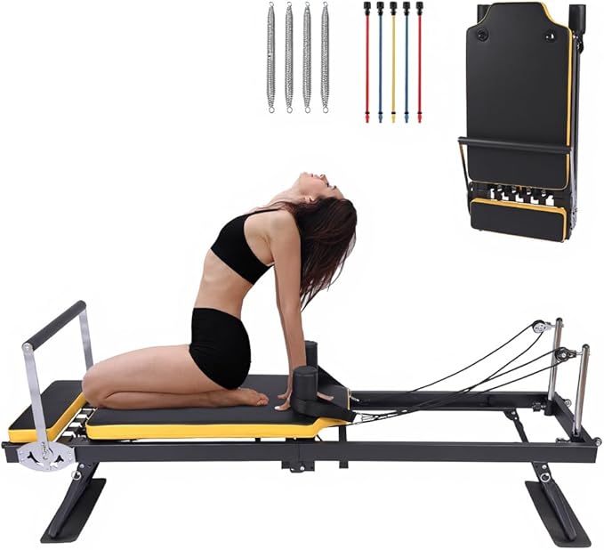 Foldable Pilates Reformer for Home Use - Pink Reformer Pilates Machine with Springs,Pilates Pro Reformers Bed for Studio Apartment & Gym - Ideal for Beginners & Advanced Users
