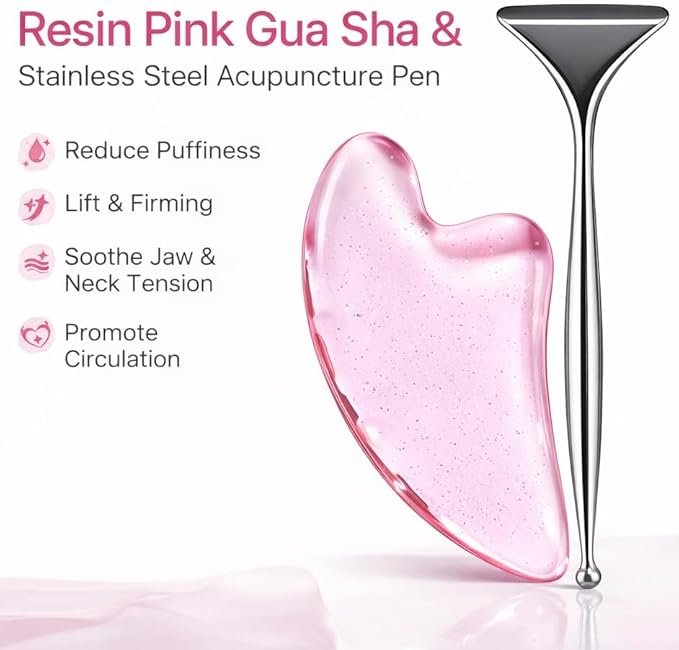 2-in-1 Acupuncture Pen with Pink Resin Gua Sha Set, Dual-Ended Stainless Steel Acupressure Massage Tool & Fascia Blaster for Muscle, Neck, Face & Foot Relief