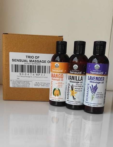 Trio of Sensual Massage Oil, Lavander, Vanilla, & Mango Oil for Day & Night, 3 Pieces with 4 fl oz Each