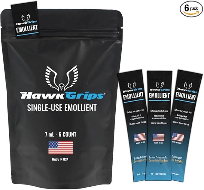 HawkGrips 7ml Massage Emollient Single Use Packet, Unscented, Travel Size, Emollient for IASTM and Massage, Soft Tissue Mobilization for Massage Therapy, 6 Count
