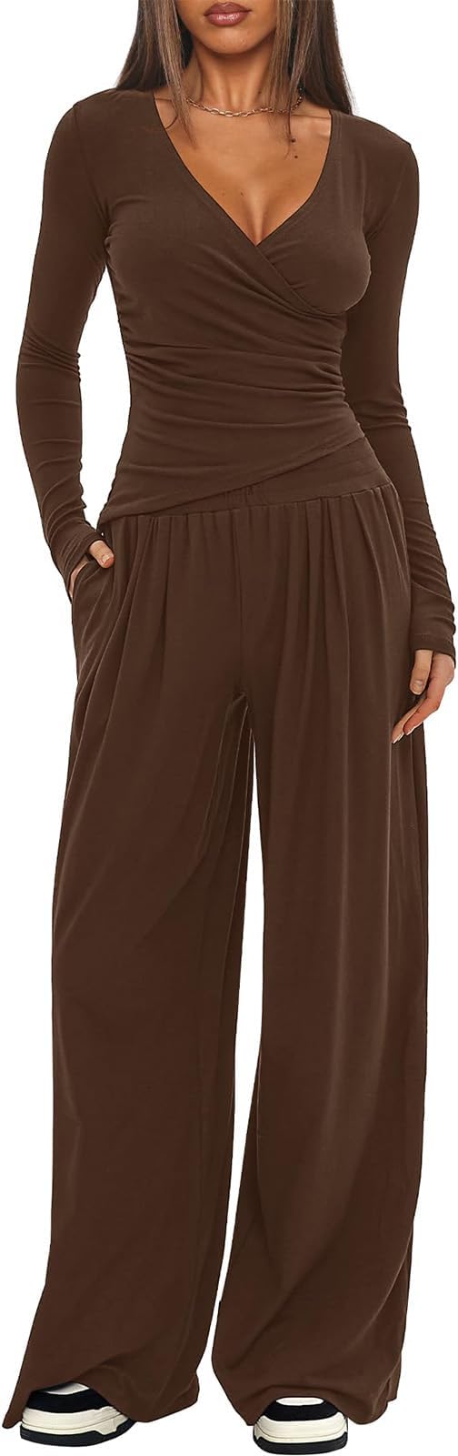 Womens 2 Piece Outfits Pilates Yoga Long Sleeve Tops Wide Leg Pants Sets Sexy Fashion Workout Outfits Casual Clothes