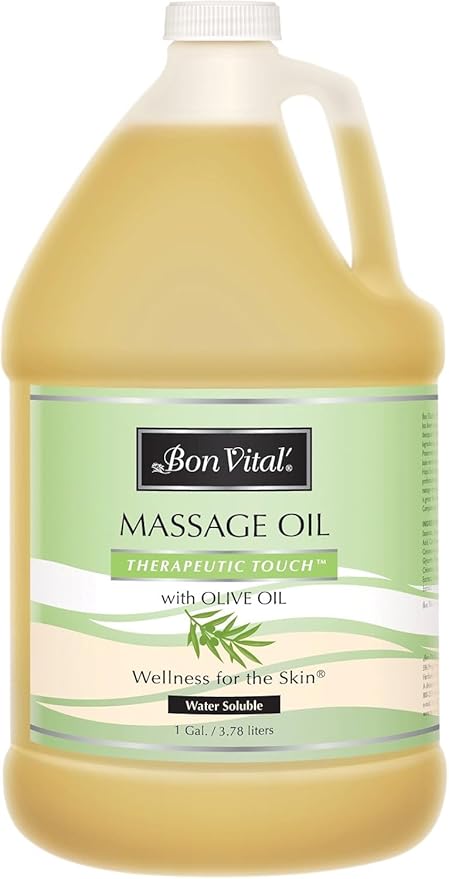 Bon Vital' Therapeutic Touch Massage Oil, 1-Gallon Bottle, Unscented Massage Oil for Massage Therapy With Olive Oil, Lightweight Non-Greasy Formula, Professional-Grade for Dry Skin and Sore Muscles