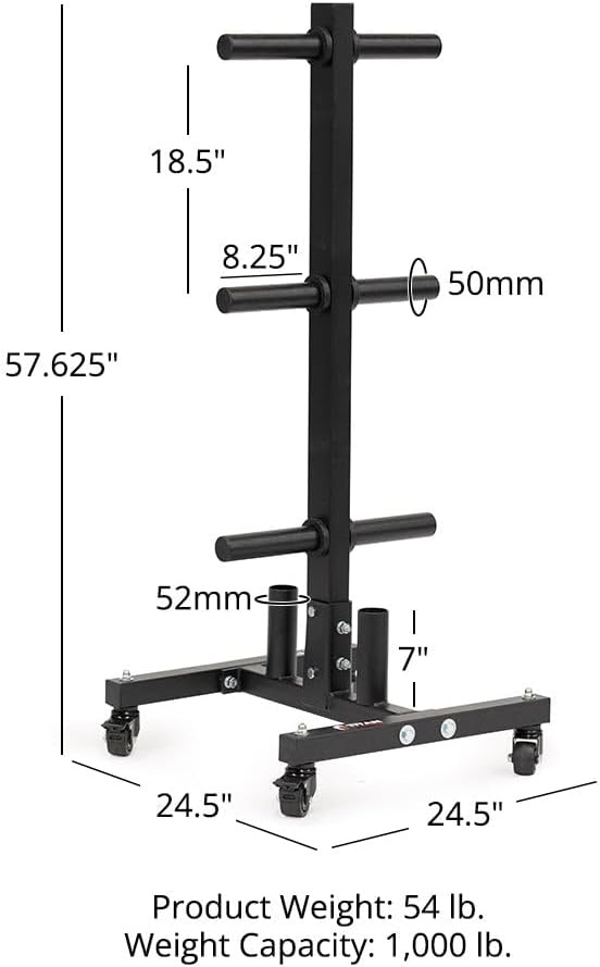 Titan Fitness Portable Weight Tree for Olympic Plate and Barbell Storage, Weight Plate Storage with 1,000 LB Capacity, Weight Tree Rack with Locking Wheels, Weight Plate Tree with Barbell Storage