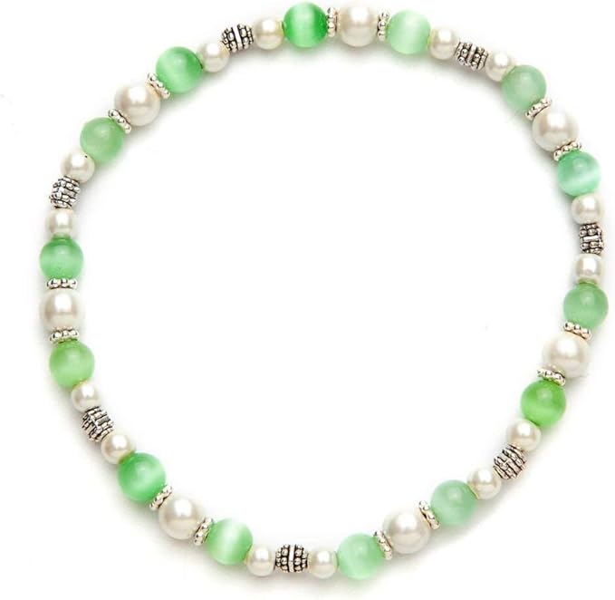 Cats Eye Light Green and White Magnetic Hematite Stretch Wellness Anklet(Size XSmall - 8.5")