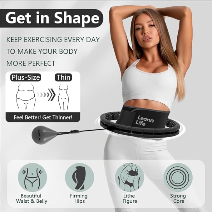 U2 Black-32 Knots 19”- 65”, Detachable & Size Adjustable Weighted Hula Hoop for Kids Adults Weight Loss, Infinity Hoop Plus Size, Abdominal Toner,5 Color Balls, Free Waist Trimmer&Wash Bag