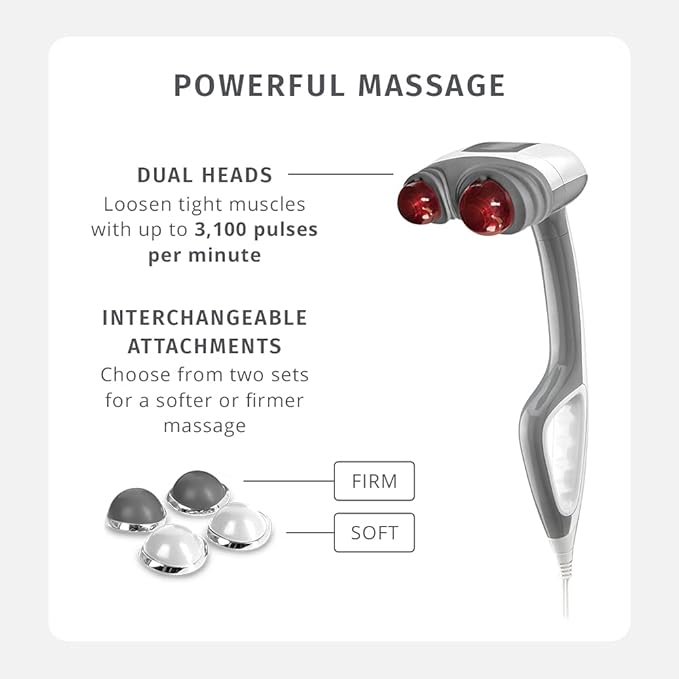 Homedics Back Massager - Heated Automatic Percussion Back, Body and Neck Massager with Dual Pivoting Heads, Interchangeable Nodes, for Shoulders, Legs and Feet, White
