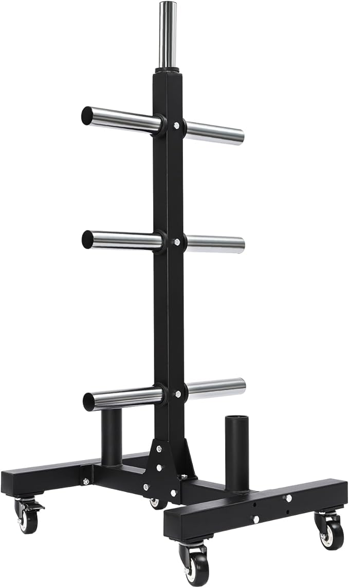 Olympic Weight Plate Tree, Olympic Weight Plate Rack with 6 9.5 in storage posts & bar holders Barbell Plate and Dumbbell Racks Tree with Brake universal wheel Load-bearing 1100lbs