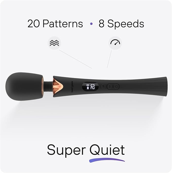 bed geek Cordless Wand Massager – Super Powerful Handheld Massage with 20 Speeds & 8 Patterns, Soft Silicone Head, Quiet Motor, LED Display, Body-Safe & Waterproof Black & Rose Gold