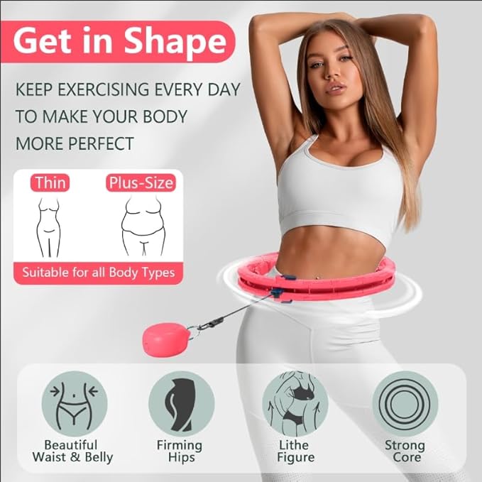 U1 Weighted Hula Hoop 30 Knots 19"-61" for Adults with Waist Trimmer Belt & Durable Wash Bag Bundle– Fitness Hoop for Exercise, Workout, Slimming & Home Gym, Pink