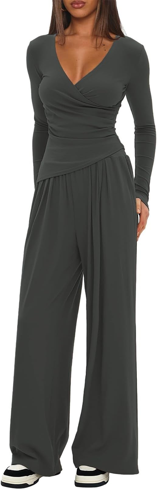 Womens 2 Piece Outfits Pilates Yoga Long Sleeve Tops Wide Leg Pants Sets Sexy Fashion Workout Outfits Casual Clothes