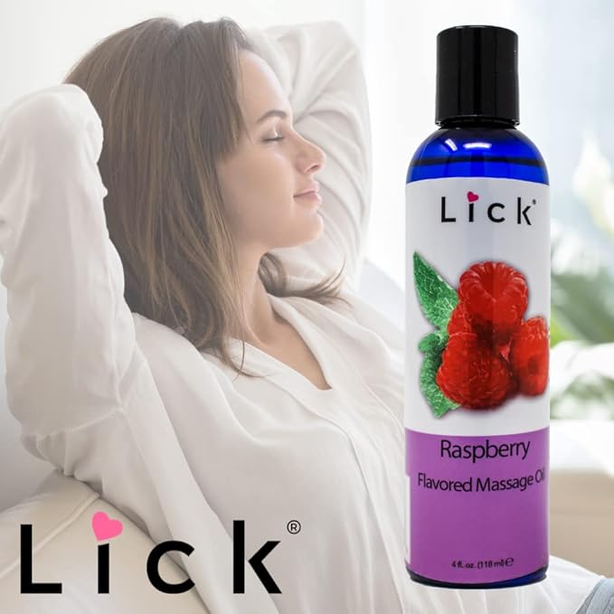 Lick Raspberry Flavored Massage Oil – Bright Berry Edible Massage Oil with Sweet Almond Oil & Vitamin E, Smooth Body-Safe Glide for Couples Massage, 4 oz