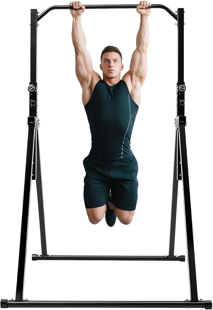Adjustable Triangular Power Tower Dip Station Pull Up Bar, 441LBS Carbon Steel 5.74-7.55FT Adjustable Height Foldable Strength Training Exercise Equipment for Home Gym/Bedroom/Sports Center