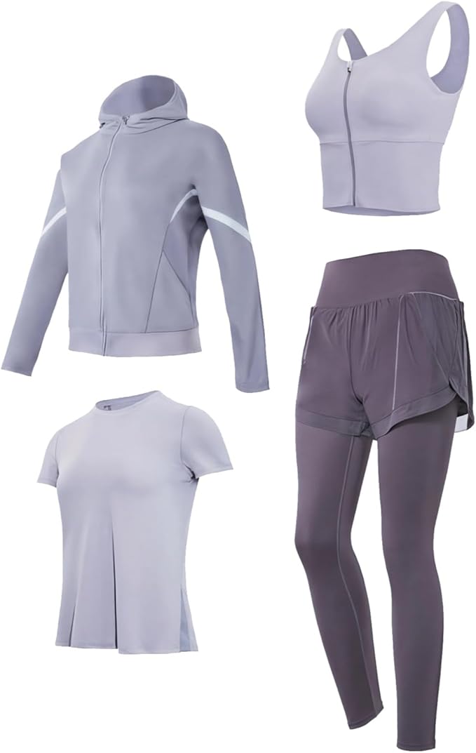 Pilates Set For Women, Four-Piece Activewear, Includes Jacket, Bra, Shorts, And Pants, Xxl, Black, Breathable & Anti-Pill Fabric, Fits 5 Ft To 5 Ft 11 In, 110 To 330