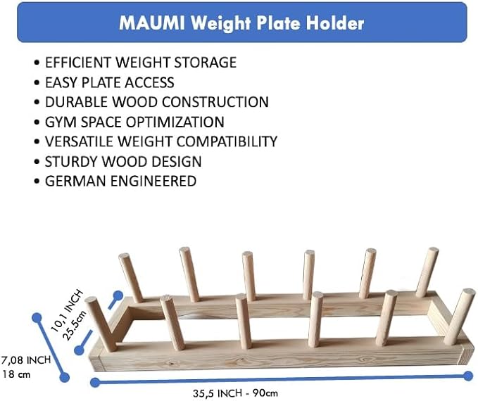 MAUMI Wooden Weight Plate Rack – Olympic Weight Plate Holder & Storage Stand – Bumper Plate Organizer – Horizontal Weight Tree for Home Gym – Weight Plate Storage Rack