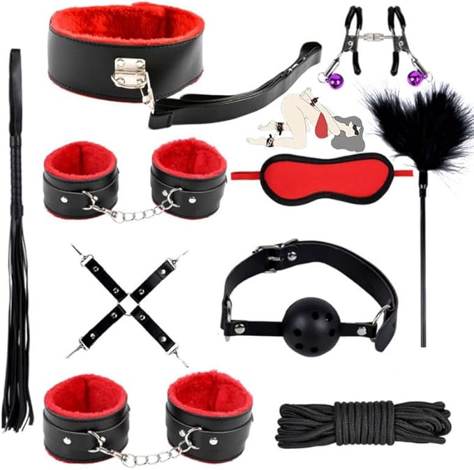 Ten Piece Red Leather Adjustable Yoga Strap Set, Couple Bdsm Explore For Partner Yoga, Pilates & Stretching
