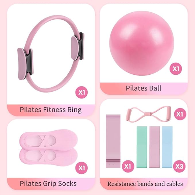 Pilates Ring Set, 14" Magic Circle, Long & Loop Resistance Bands, Soft Pilates Ball, Grip Socks,Puller, Home Workout Equipment for Women & Beginners to Tone, Flexibility & Core Strength (Purple)