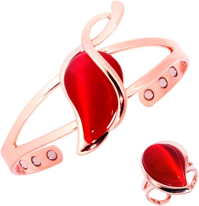Copper Bracelet for Women ，Magnetic Bracelets, Pure Copper ring Copper Magnetic Bracelet and Ring Set, Red Stone, Adjustable Cuff Bangle, Teardrop Design