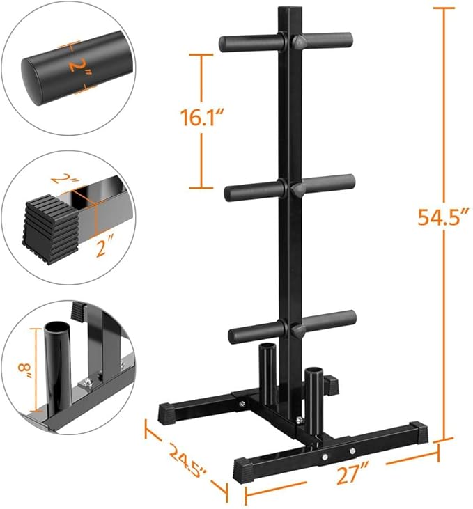 Topeakmart Tree Olympic Plate Rack Weight Bumper Plate Holder with 2 Bar Holders Black