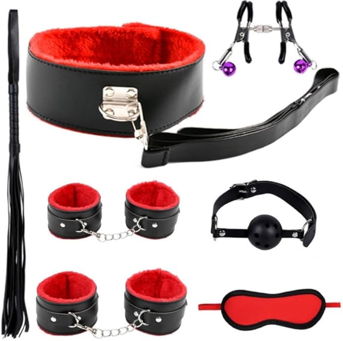 Pilates 7-Piece Plush Leather Yoga Red Set with Comfortable Clip Eye Mask Whip Hand and Foot Fun Accessories, Portable Fitness, Couple Gift