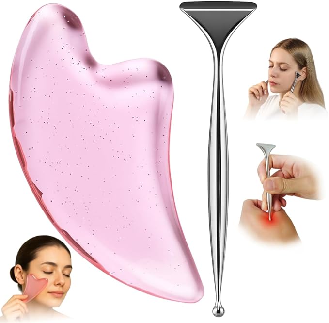2-in-1 Acupuncture Pen with Pink Resin Gua Sha Set, Dual-Ended Stainless Steel Acupressure Massage Tool & Fascia Blaster for Muscle, Neck, Face & Foot Relief