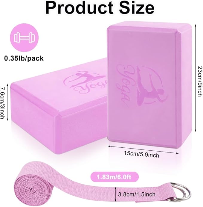 2 Yoga Block and 2 Yoga Strap Set,Non-slip EVA Foam Blocks, High Density Yoga Bricks with 6ft Strap, Supportive Latex-Free Yoga Block Accessories for Pilates