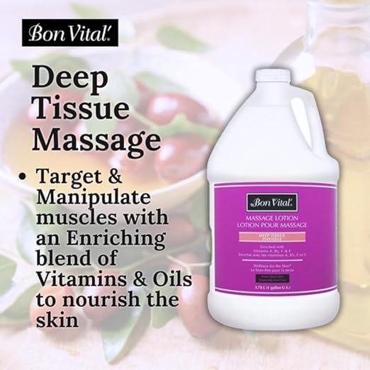 Bon Vital' Deep Tissue Massage Lotion, 1-Gallon, Professional-Grade Moisturizing Lotion for Deep Tissue Therapy, Non-Greasy Skin Softening Formula, Muscle Relaxation, Unscented