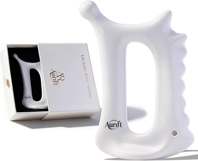 Ceramic 6‑in‑1 Gua Sha Tool for Face & Body, Jawline Sculpting, Double Chin Reduction, Lymphatic Drainage, Trigger Point Manual Massage Tool, Self-Care Gift Box for Women, White
