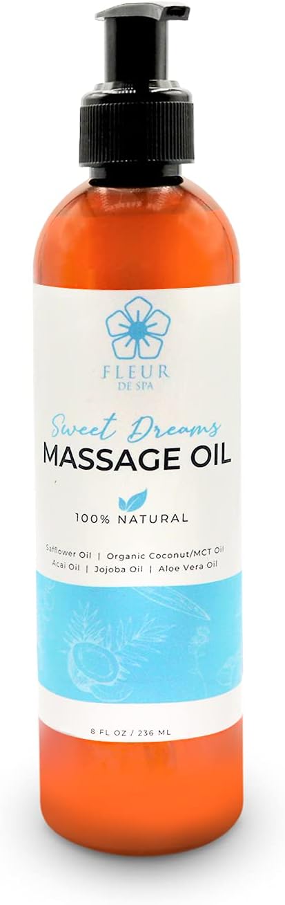 Massage Oil 8oz Pump by FLEUR DE SPA – Luxurious Therapeutic Body Oil – Made in USA – Safflower & Organic Coconut with Acai Berry – Soothes Sore Muscles, Relieves Stiffness, Anti-Cellulite