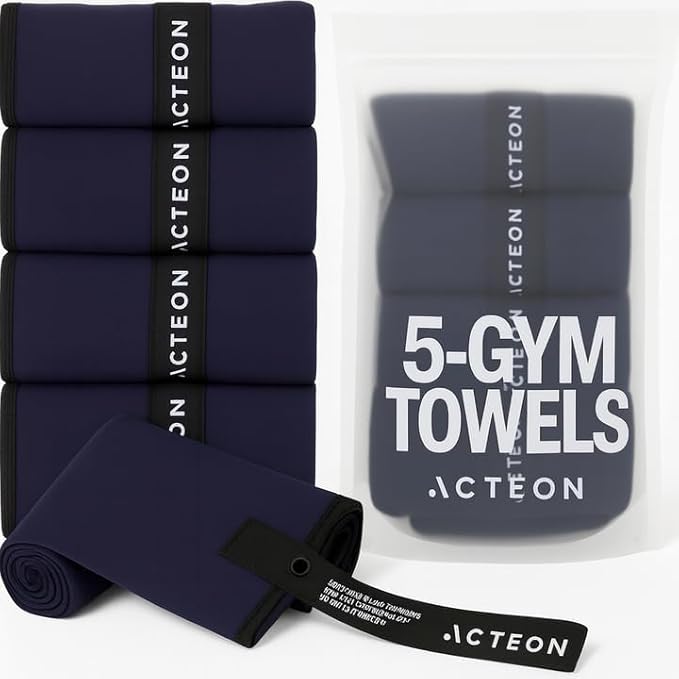 Acteon Microfiber Gym Towels 5 Pack, Quick Dry Silver ION Odor-Free Super Absorbent Sweat Towels for Men & Women, Workout, Yoga, Running, Beach, Travel – 16x30.5 Inch (Midnight Blue)