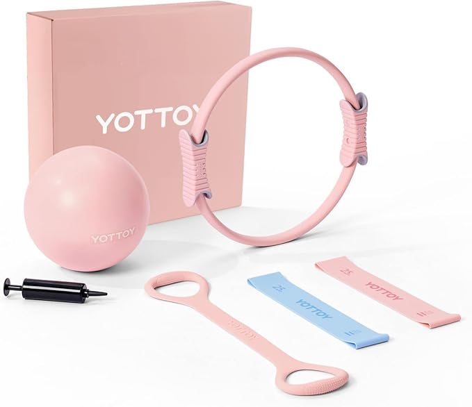 YOTTOY Pilates Ring and Ball Set, Figure 8 Resistance Bands, Stretch Bands&Guide,Pilates Equipment Set for Beginners for Home Workouts Core Strength, Yoga, Physical Therapy & Rehab