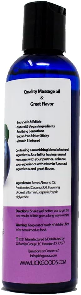 Lick Blueberry Flavored Massage Oil – Sweet Berry Edible Massage Oil with Sweet Almond Oil & Vitamin E, Lightweight Smooth Glide for Couples Massage & Play, 4 oz