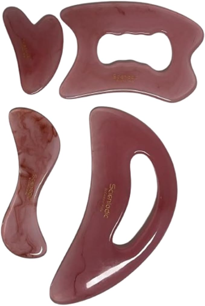 Scienlodic 4 Pcs Gua Sha Massage Tools for Face & Body (Pink, Resin) - Guasha Scraping Tool for Jawline Contouring, Puffiness Reduction, Neck, Back, Legs & Muscle Relaxation