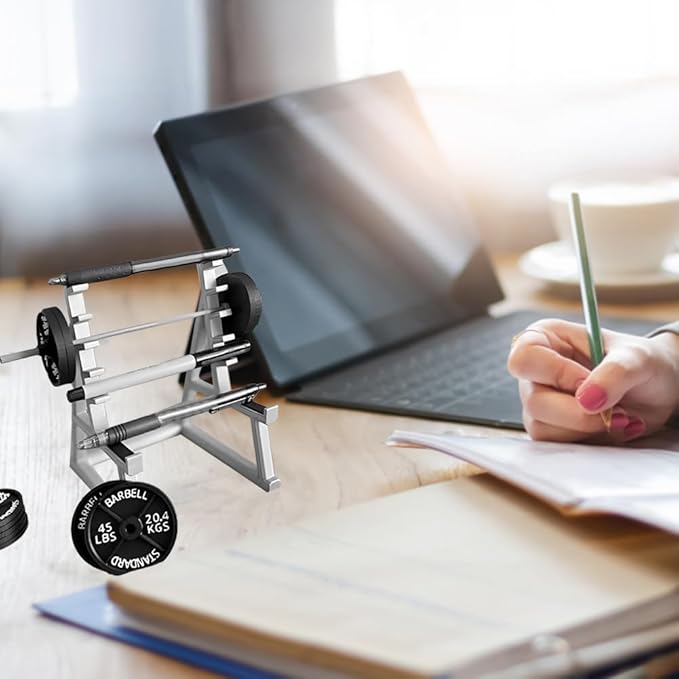 Squat Rack Pen Holder for Desk, Mini Barbell Rack Pen Holder with Weights & Barbells, Gym Theme Unique Organizer for All Fitness Enthusiasts and Weightlifting Fans